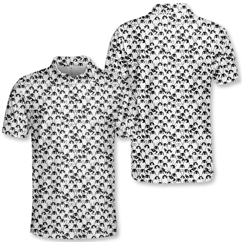 Back view of cartoon penguin print polo