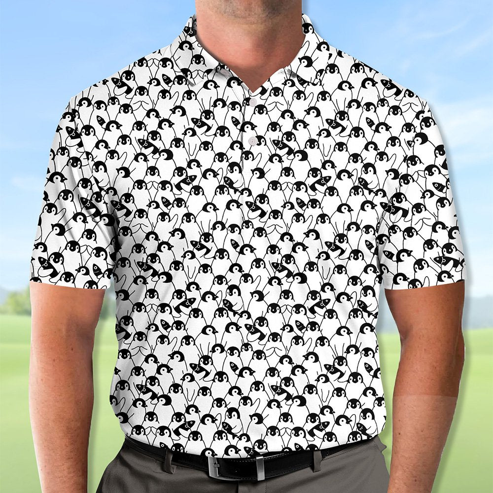 Close-up front view of black and white penguin print polo