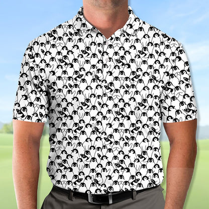 Close-up front view of black and white penguin print polo