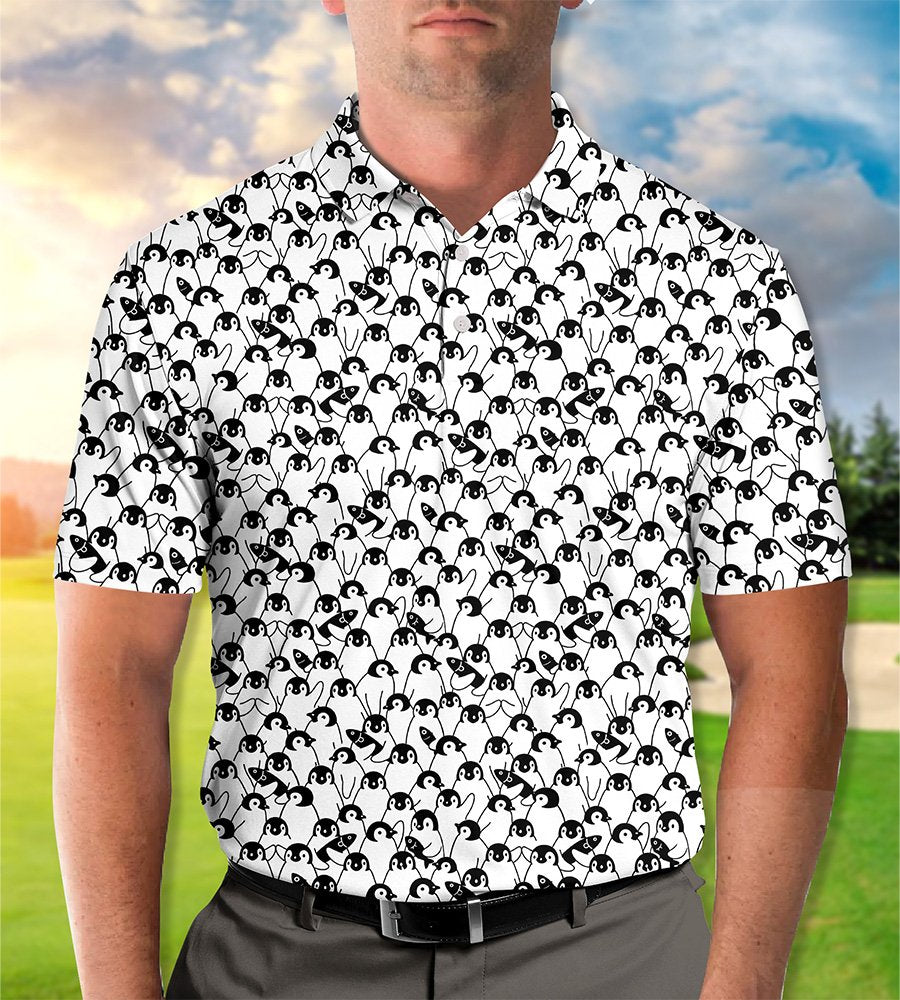 Another front view of abstract polo shirt with penguins