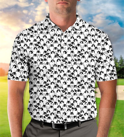 Another front view of abstract polo shirt with penguins