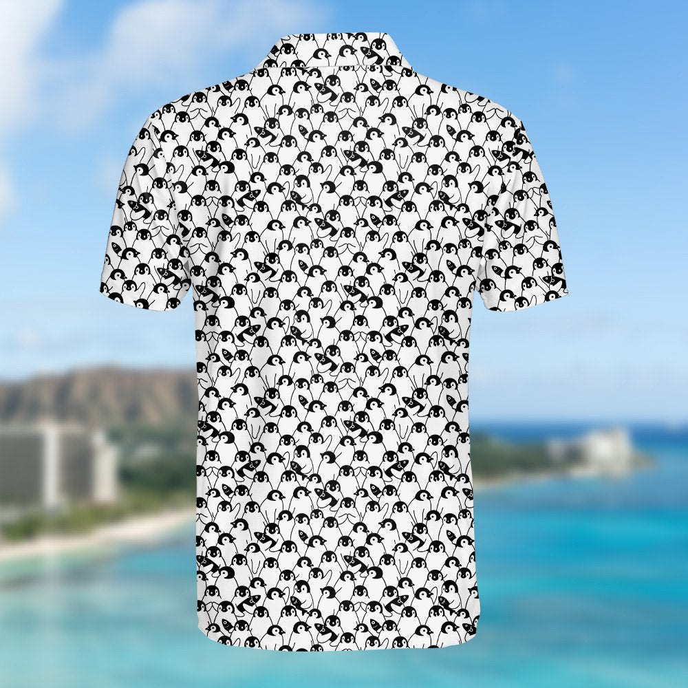 Folded front view of black and white polo shirt