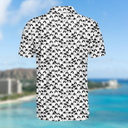 Folded front view of black and white polo shirt
