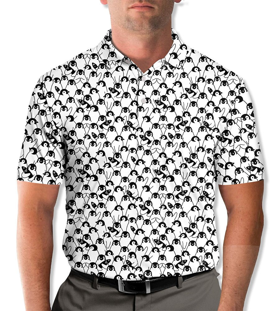 Cartoon penguin print polo in black and white, main view