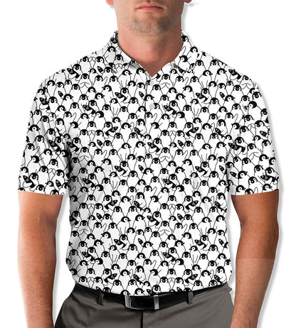 Cartoon penguin print polo in black and white, main view
