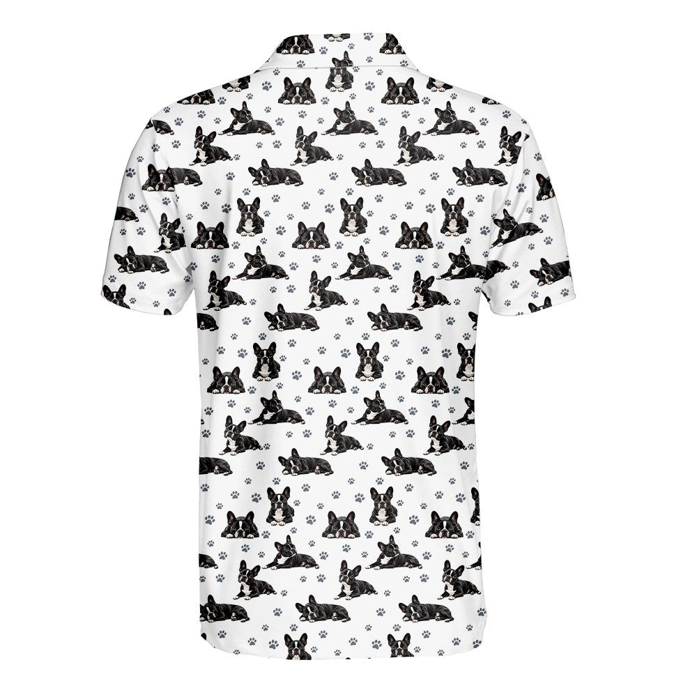 Back view of the white polo shirt with repeating dog pattern