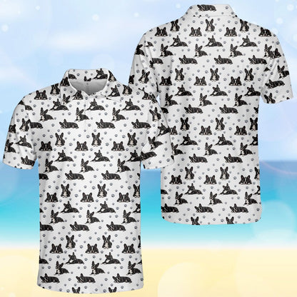 White polo shirt with French Bulldog pattern on a hanger