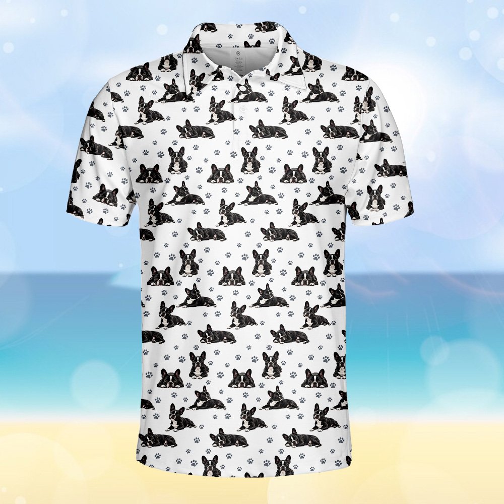 Mid-section view of the white polo shirt with dog print