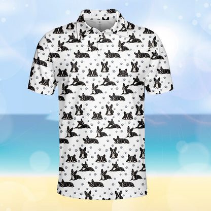 Mid-section view of the white polo shirt with dog print