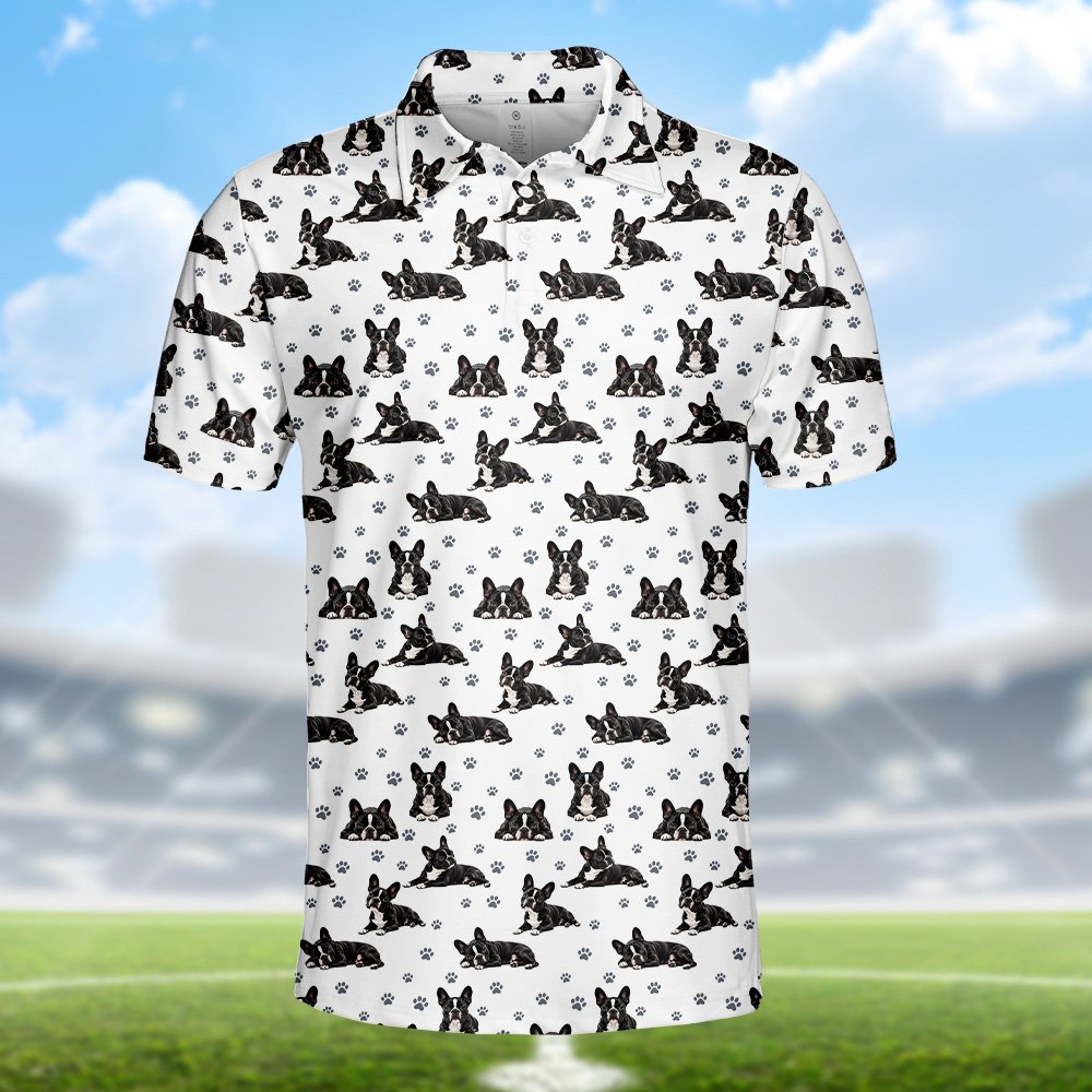 Flat lay of the French Bulldog pattern white polo shirt