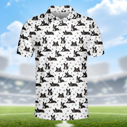 Flat lay of the French Bulldog pattern white polo shirt