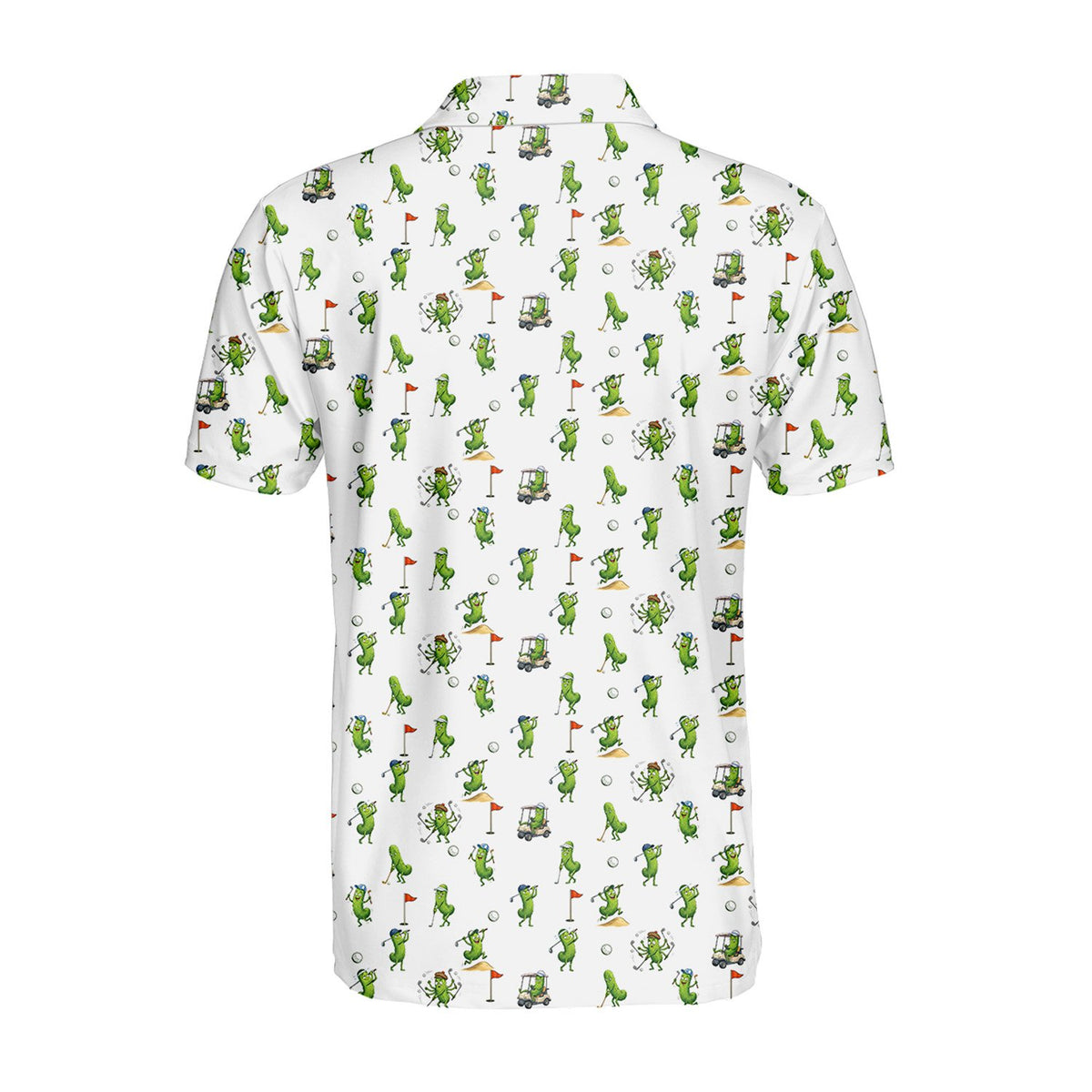 Pickle golf polo shirt with repeating cartoon pattern, back view
