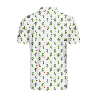 Pickle golf polo shirt with repeating cartoon pattern, back view
