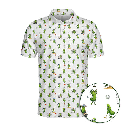 Pickle golf polo shirt with repeating cartoon pattern, front view