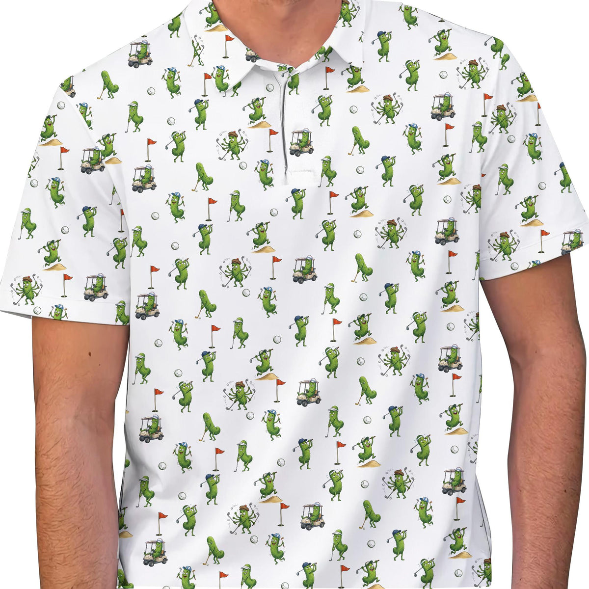 Person wearing a pickle golf polo shirt, lifestyle view two