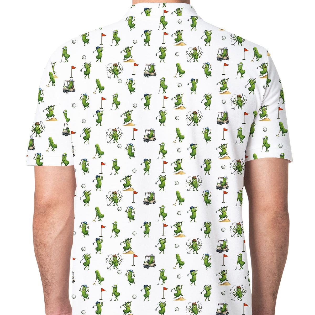 Person wearing a pickle golf polo shirt, lifestyle view three