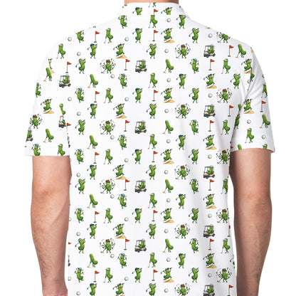 Person wearing a pickle golf polo shirt, lifestyle view three