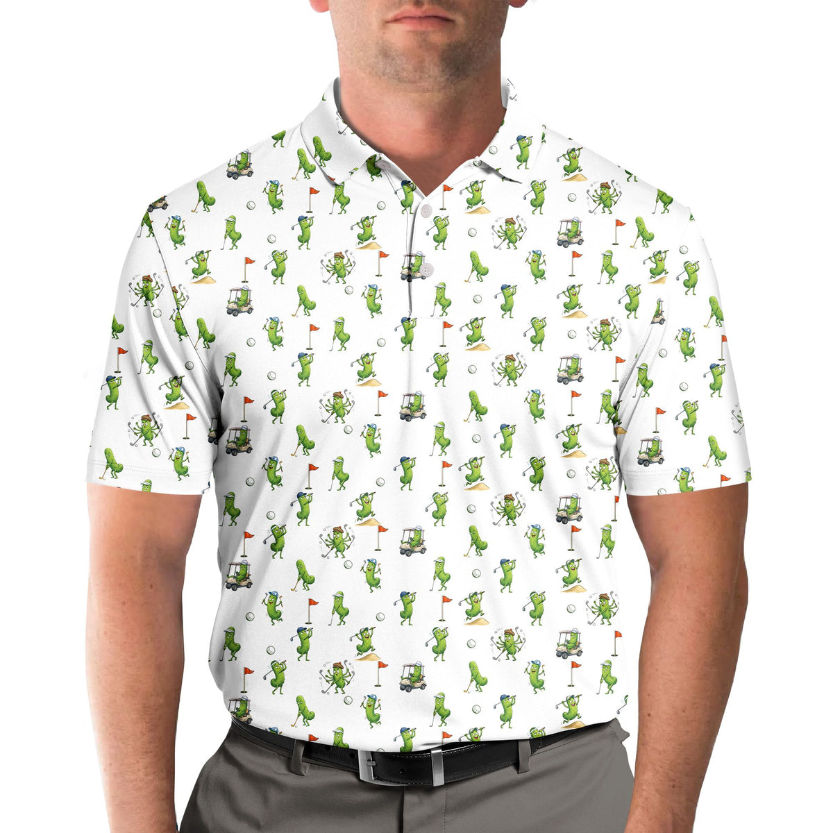 Person wearing a pickle golf polo shirt, lifestyle view one