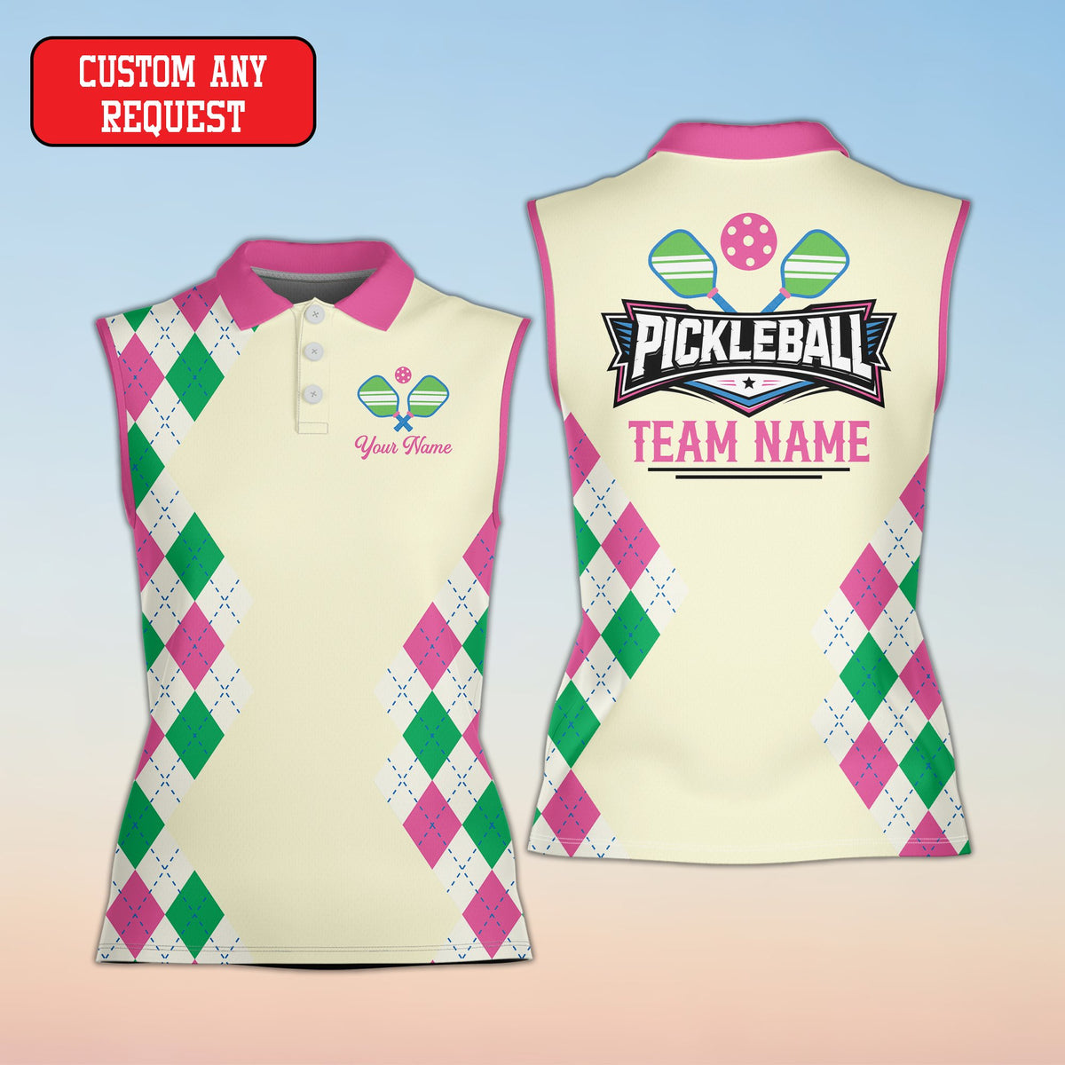 Beige pickleball polo shirt design, front view