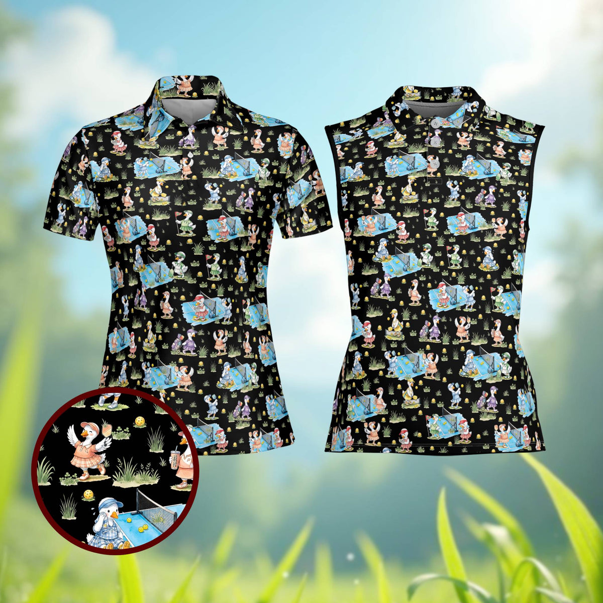 Black pickleball polo shirt featuring cartoon ducks playing, front view