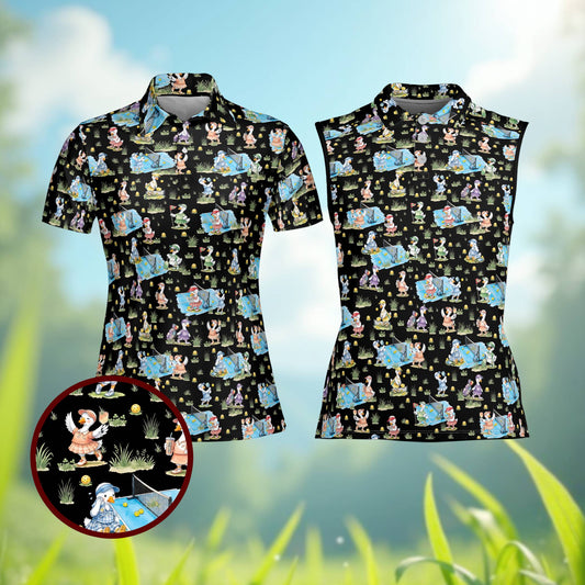 Black pickleball polo shirt featuring cartoon ducks playing, front view
