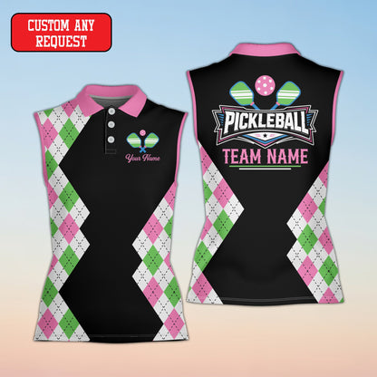 Black pickleball polo shirt with argyle pattern, front view