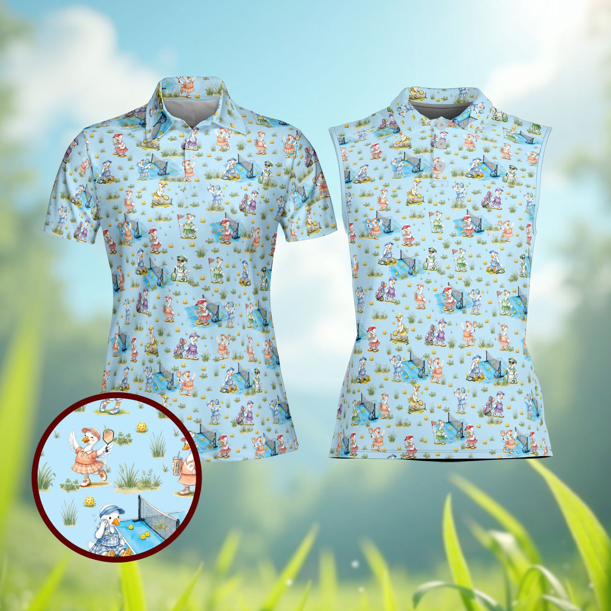 Light blue pickleball polo shirt with cartoon ducks playing, front view