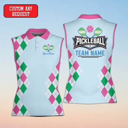 Blue pickleball polo shirt with custom details, front view