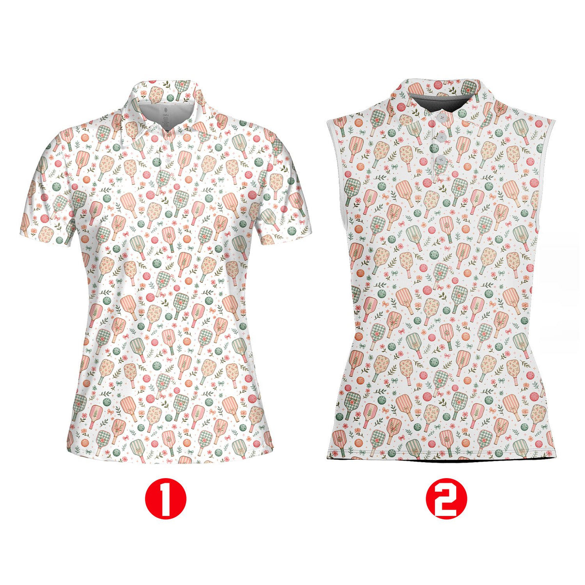 Pickleball floral polo shirt in white featuring paddles and pastel flowers, front view detail 1