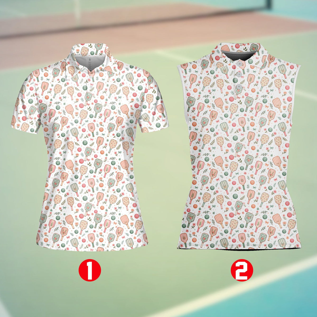 Pickleball floral polo shirt in white featuring paddles and pastel flowers, front view detail 2