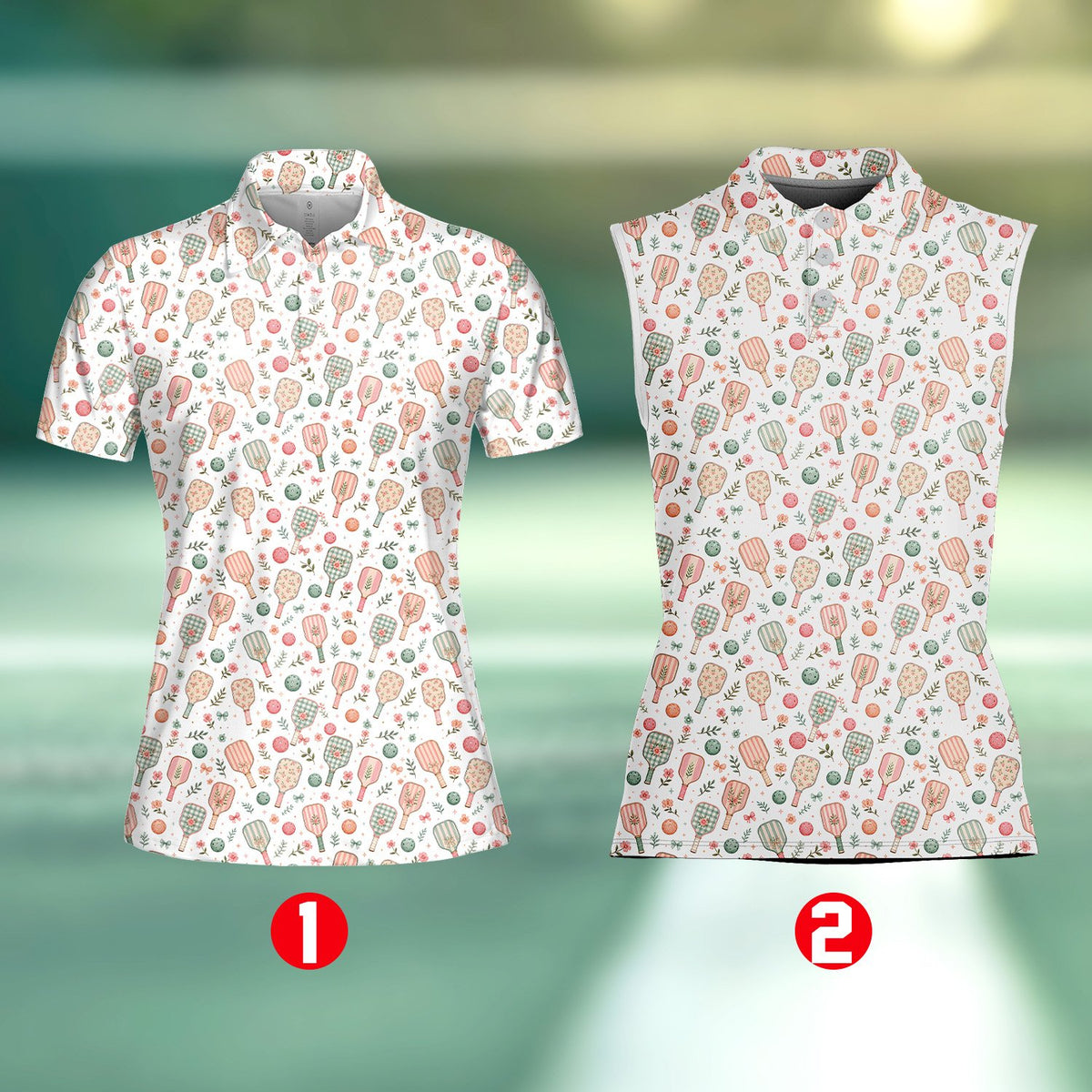 Pickleball floral polo shirt in white featuring paddles and pastel flowers, front view detail 3