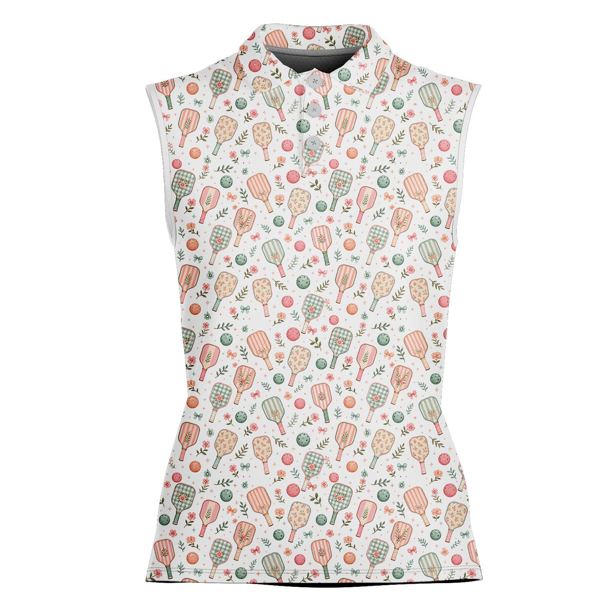 Pickleball floral polo shirt in white featuring paddles and pastel flowers, main view