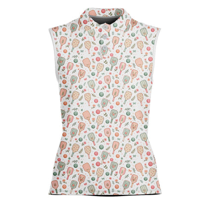 Pickleball floral polo shirt in white featuring paddles and pastel flowers, front view
