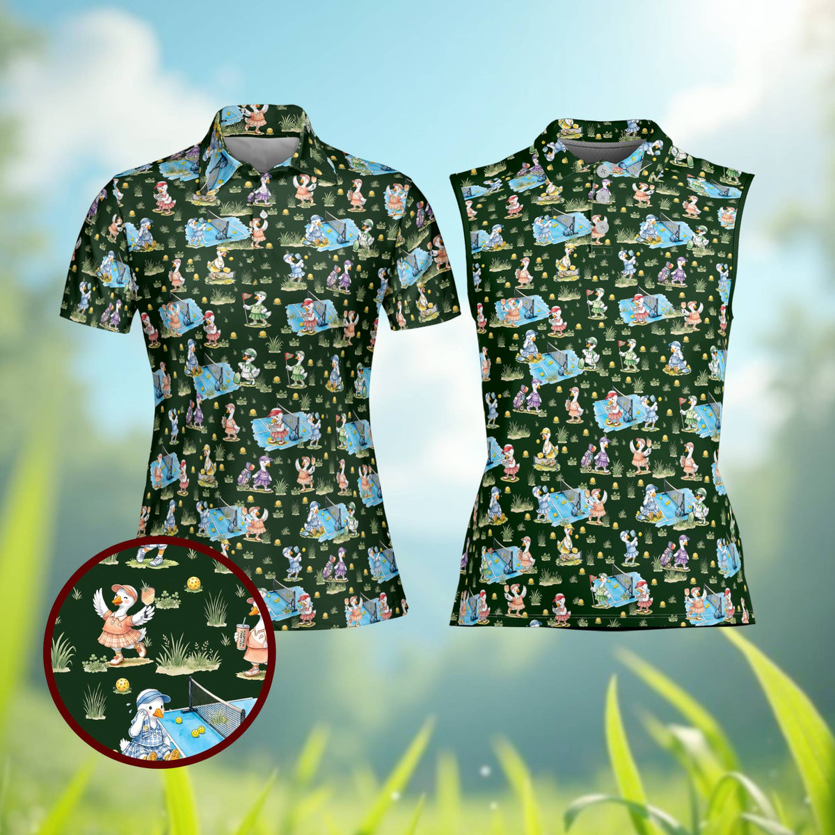 Green pickleball polo shirt with cartoon ducks playing, front view