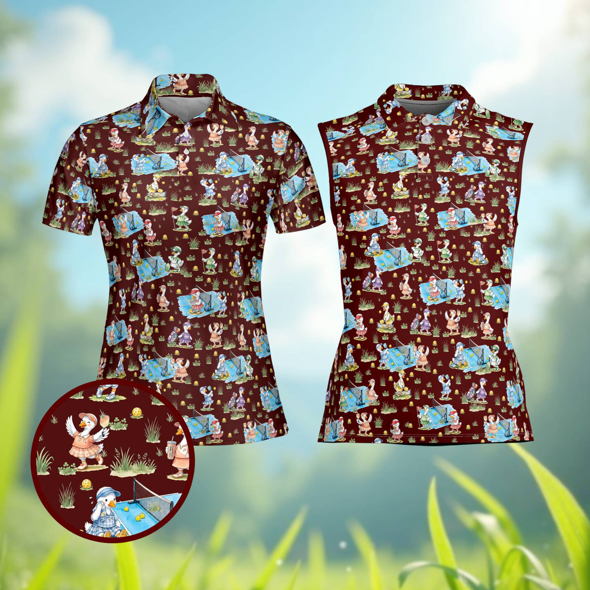 Maroon pickleball polo shirt with cartoon ducks playing, front view