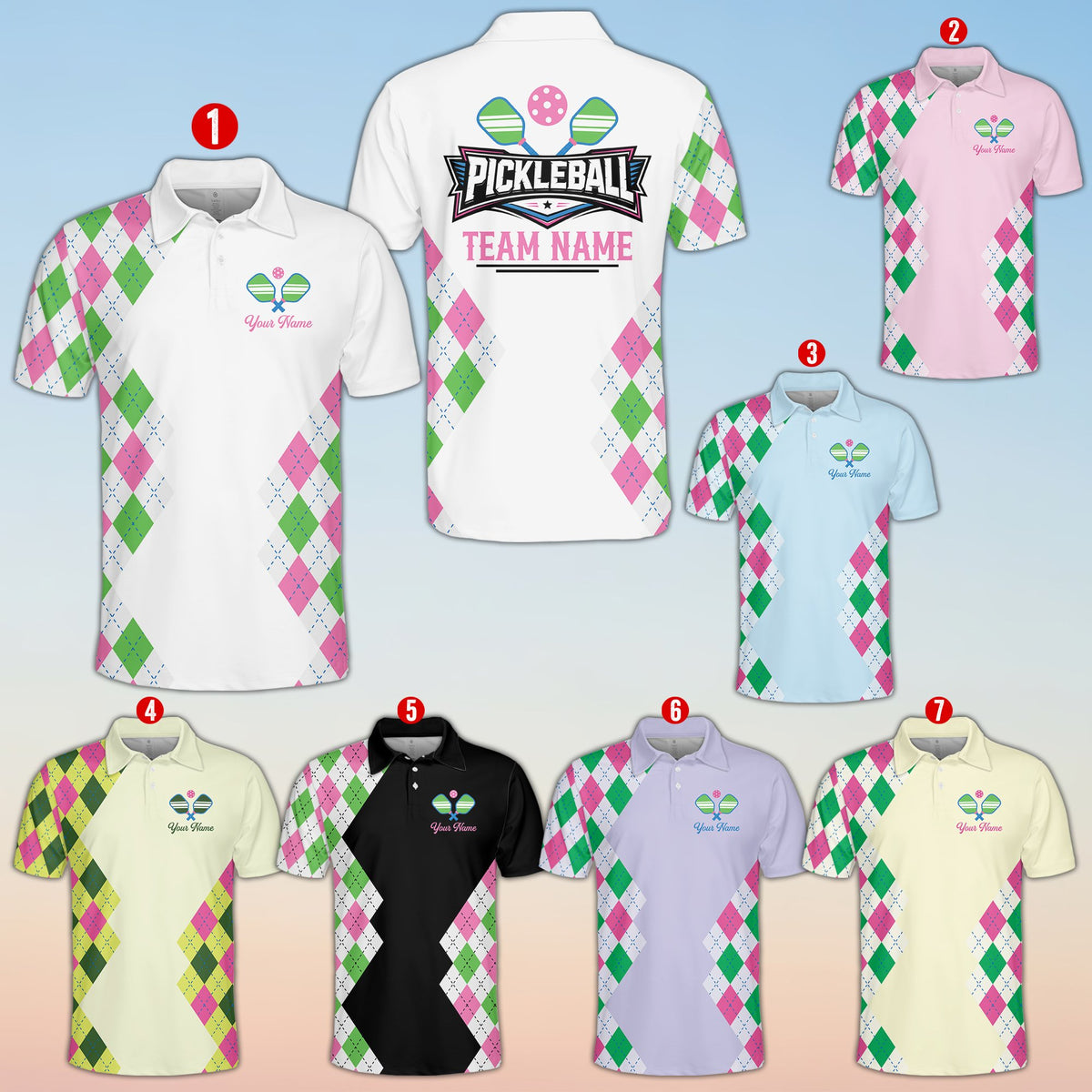 Multicolor pickleball polo shirt with argyle side pattern, front view