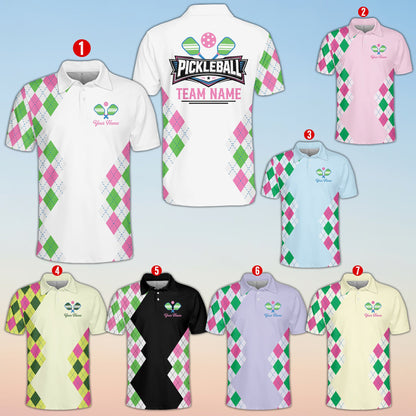 Multicolor pickleball polo shirt with argyle side pattern, front view
