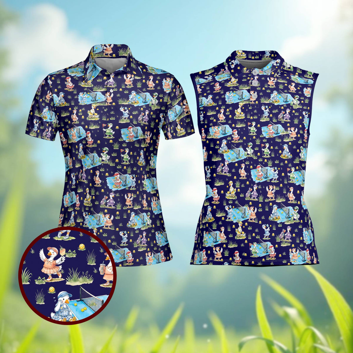 Navy blue pickleball polo shirt with cartoon ducks playing, front view