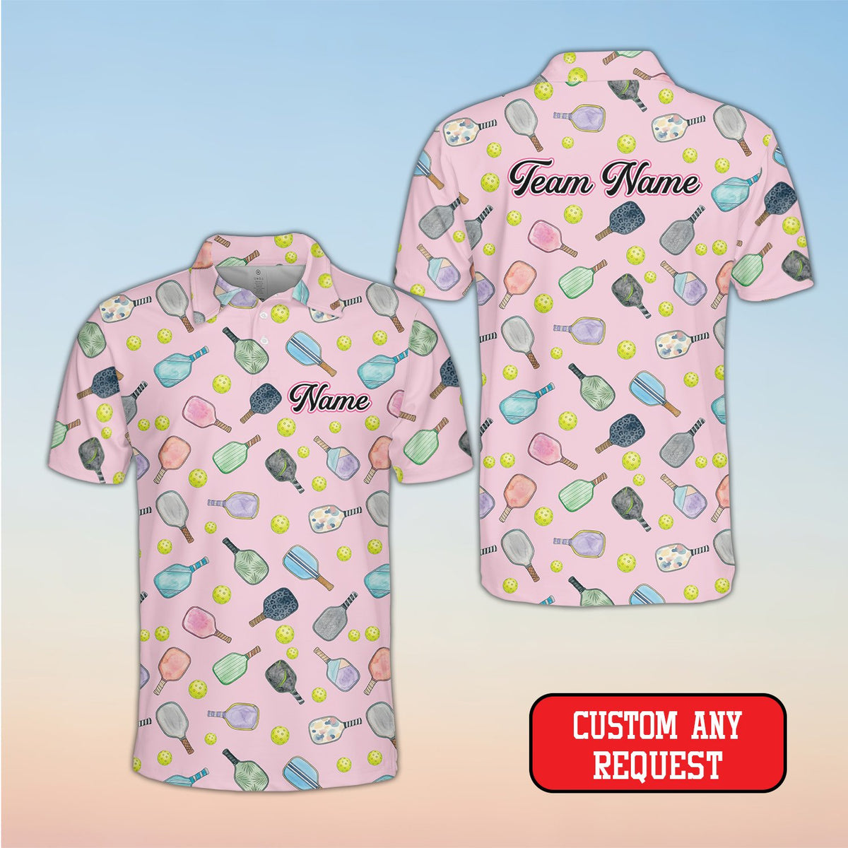 Personalized pink pickleball polo shirt with custom name