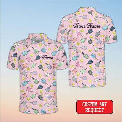 Personalized pink pickleball polo shirt with custom name