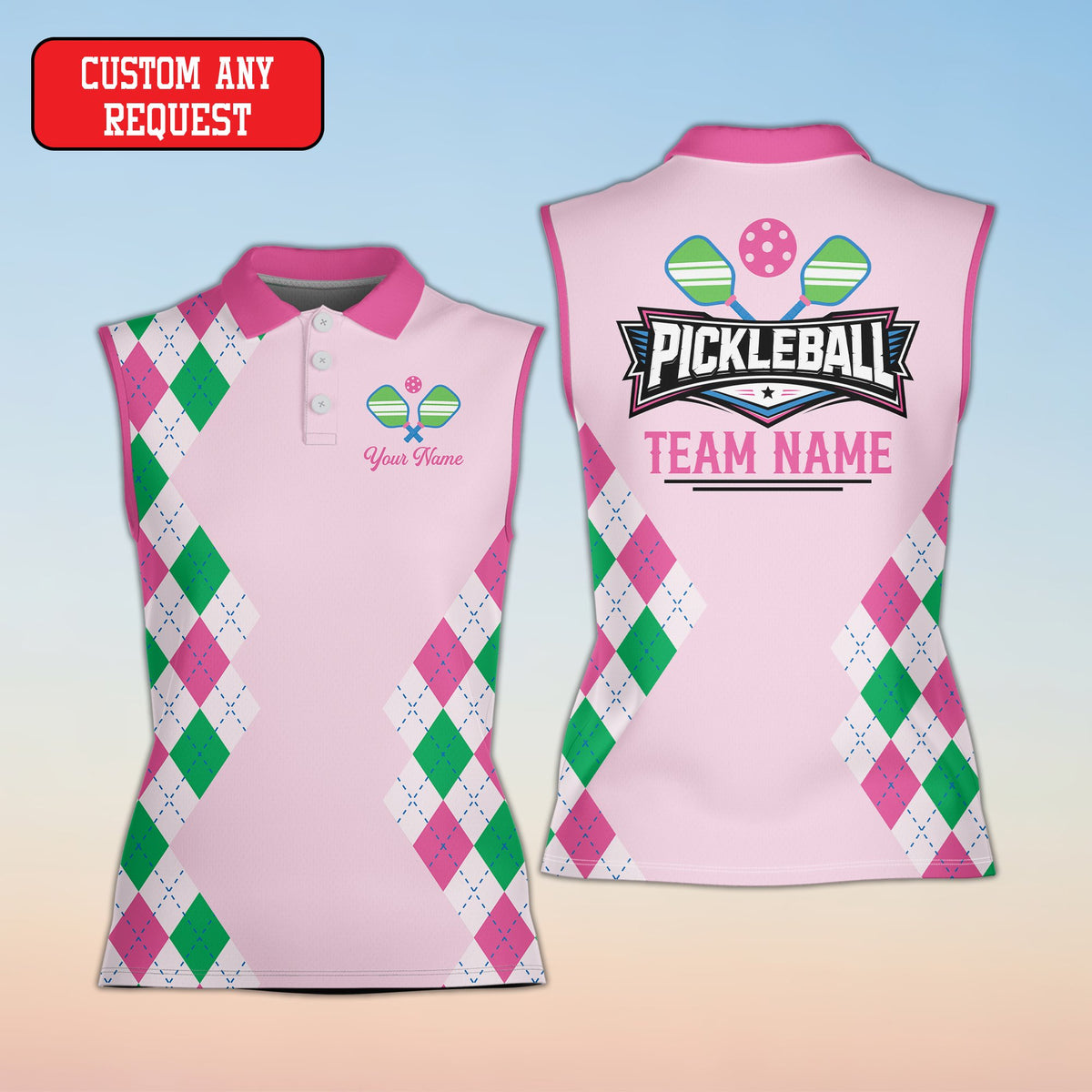 Pink pickleball custom polo shirt with argyle sides, front view