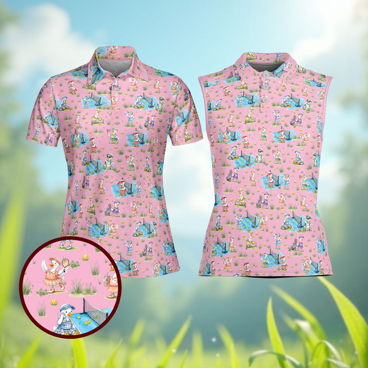 Pink pickleball polo shirt with cartoon ducks playing, front view
