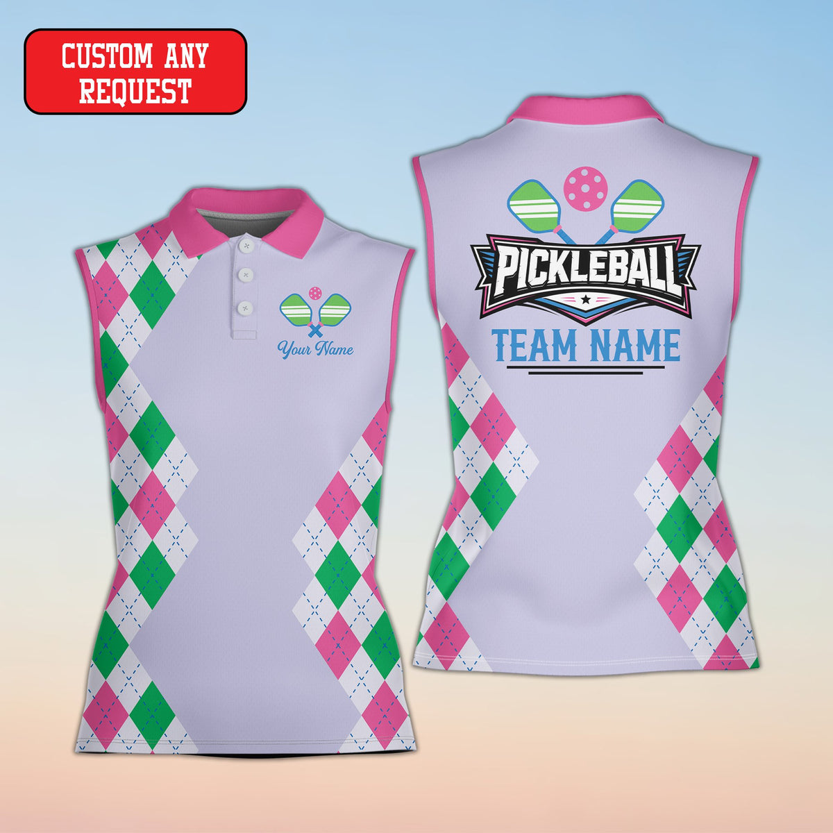 Purple custom polo shirt for pickleball, front view