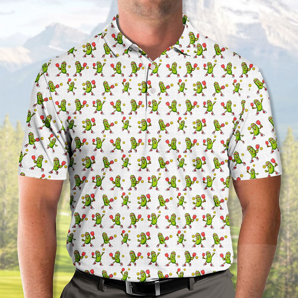 Back view of the white pickleball polo shirt showing the continuous cartoon pattern