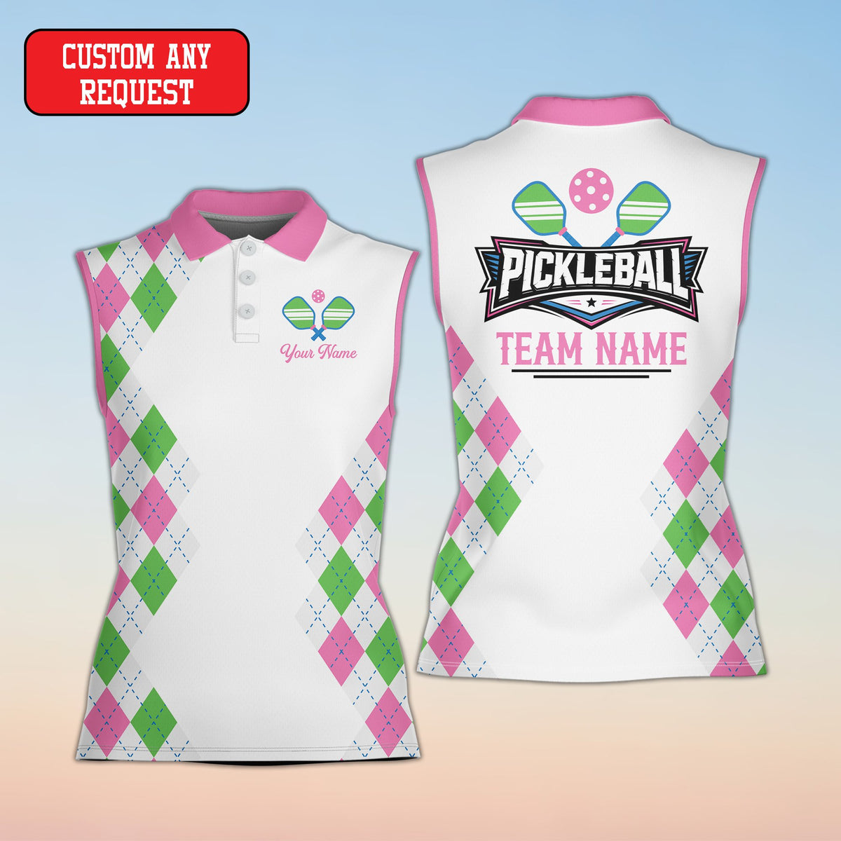 White personalized polo shirt design for pickleball, front view
