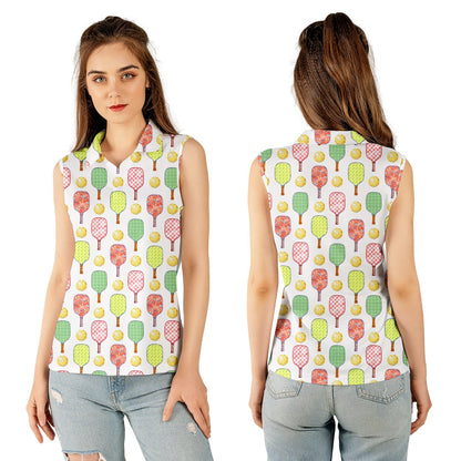 Pickleball polo shirt with repeating paddle and ball pattern on white, front view 2