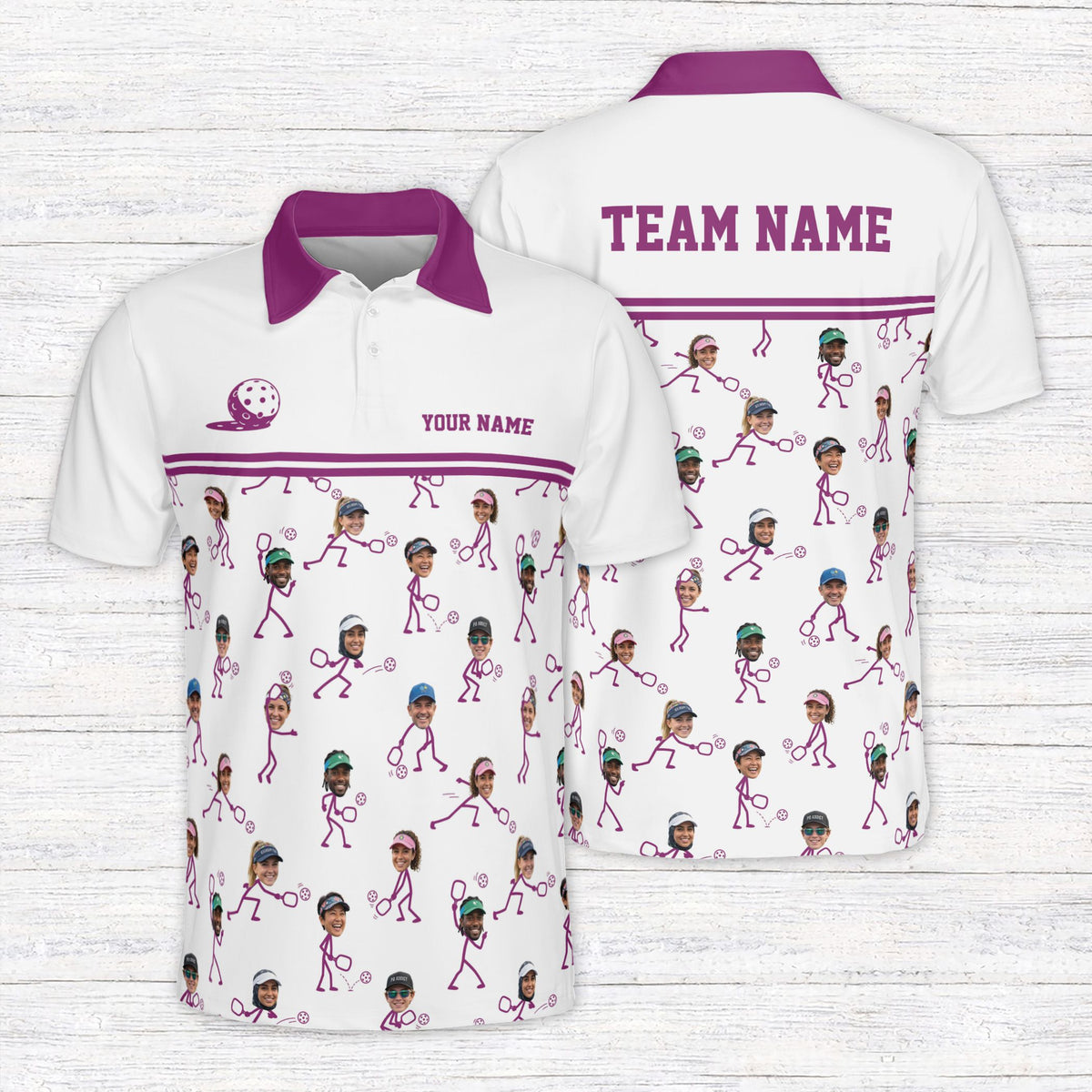 Personalized polo shirt design with pickleball stick figures and custom name, main view