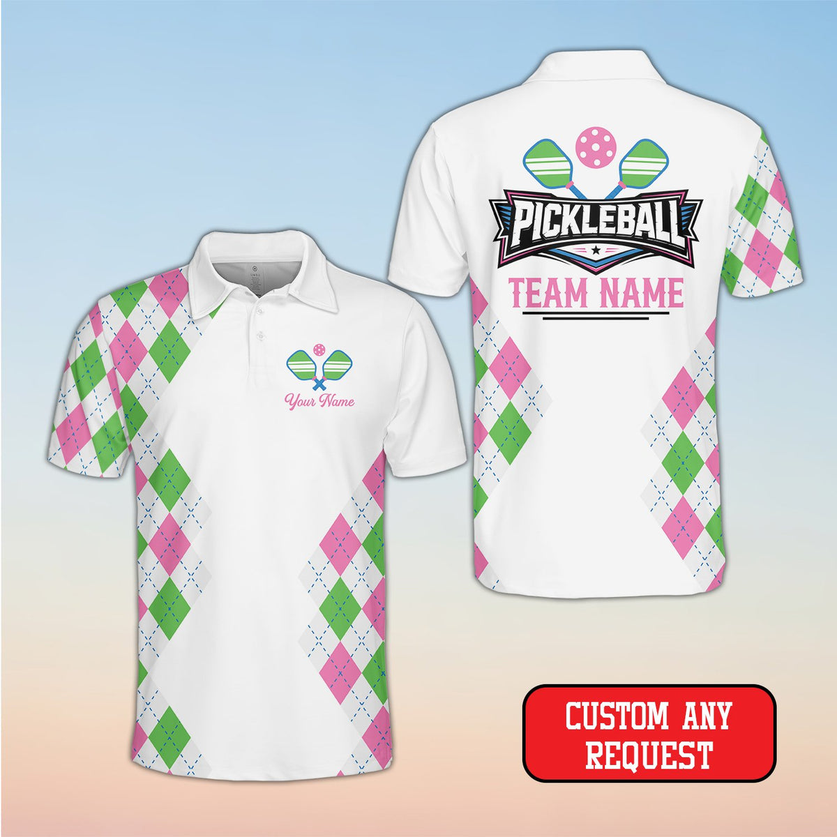 White pickleball polo shirt featuring a custom name and argyle side pattern, front view