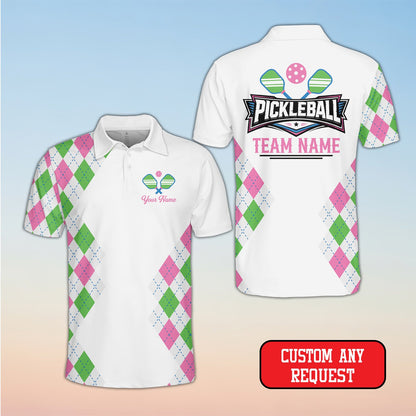 White pickleball polo shirt featuring a custom name and argyle side pattern, front view