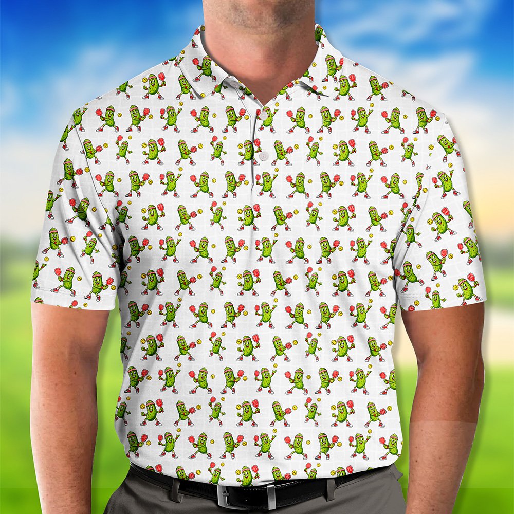 Detailed front view of the cartoon pickle design on the polo shirt